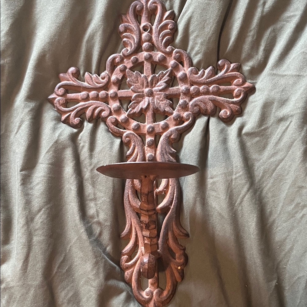 Ornate Brown Wall Cross Candle Holder